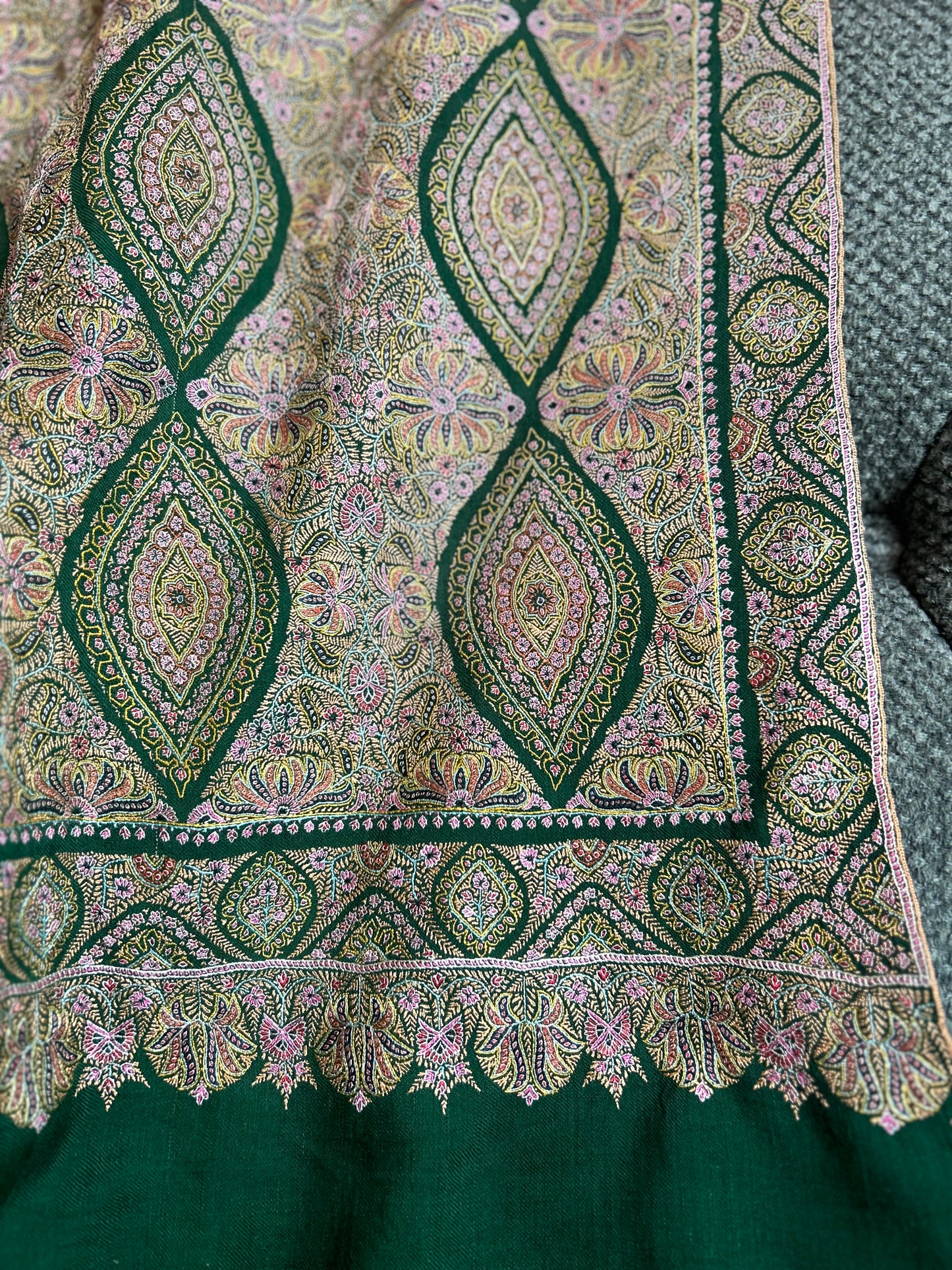 Antique Emerald Green Silk Jamawar on Pashmina