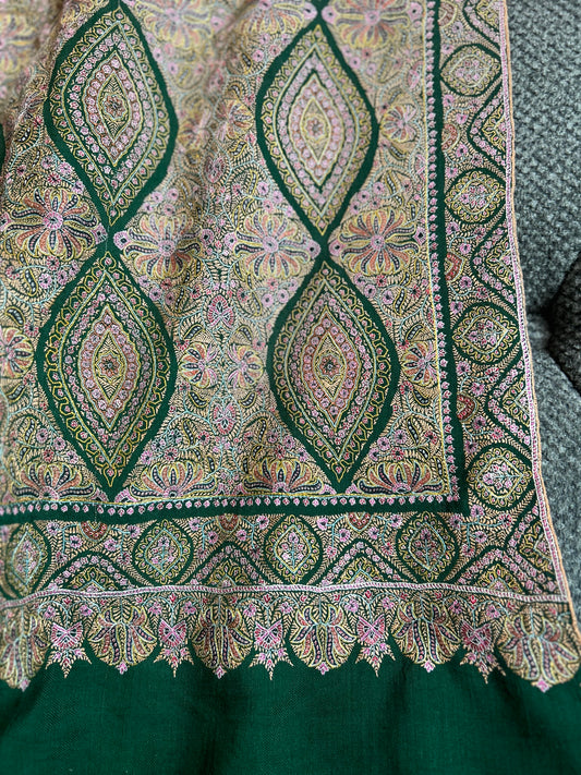 Antique Emerald Green Silk Jamawar on Pashmina
