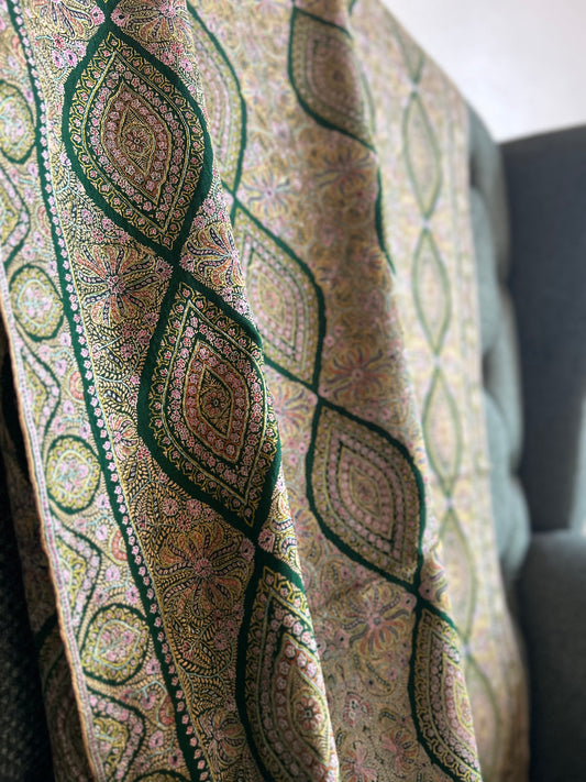 Antique Emerald Green Silk Jamawar on Pashmina