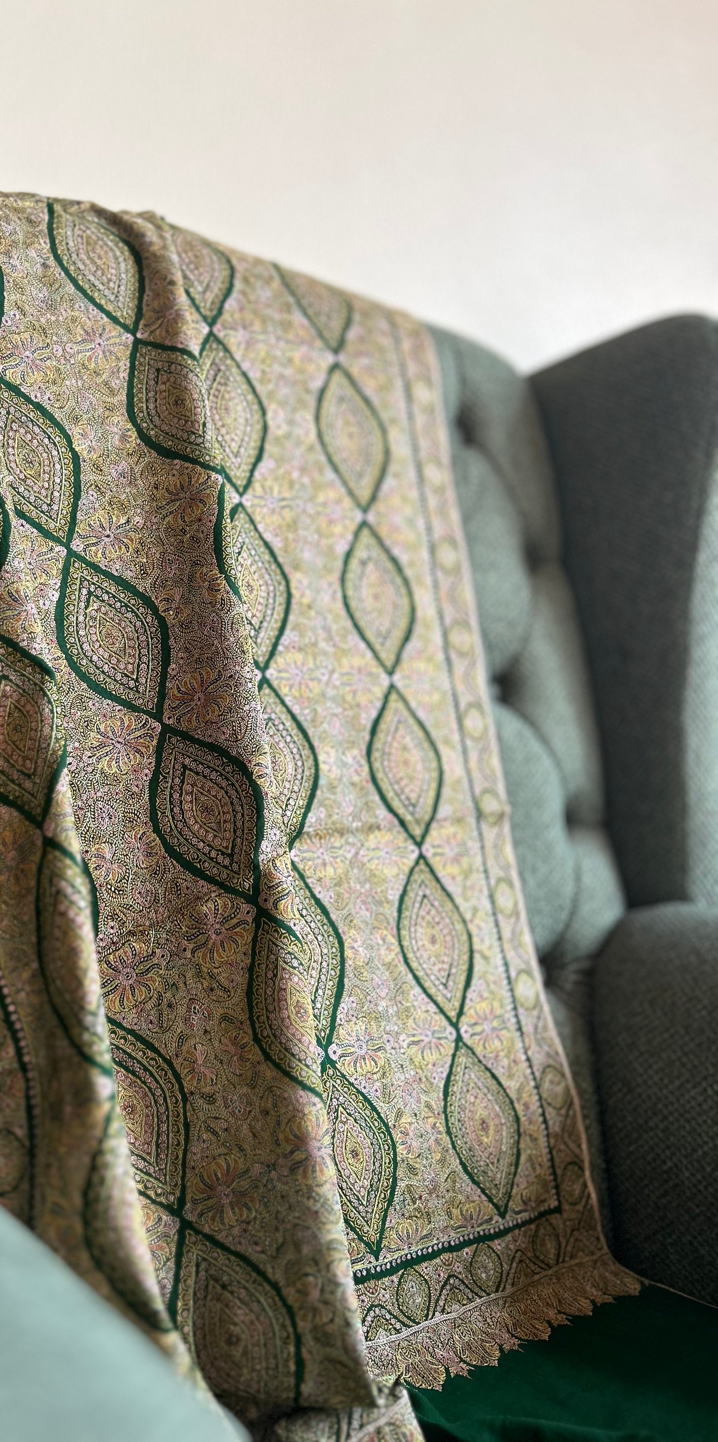 Antique Emerald Green Silk Jamawar on Pashmina